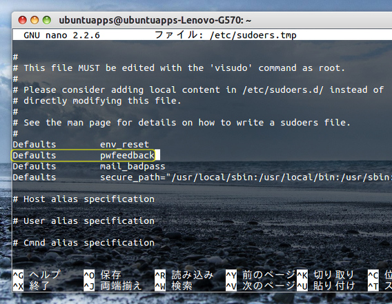 Ubuntu 端末 パスワード入力 アスタリスクの表示 sudoersファイルの編集